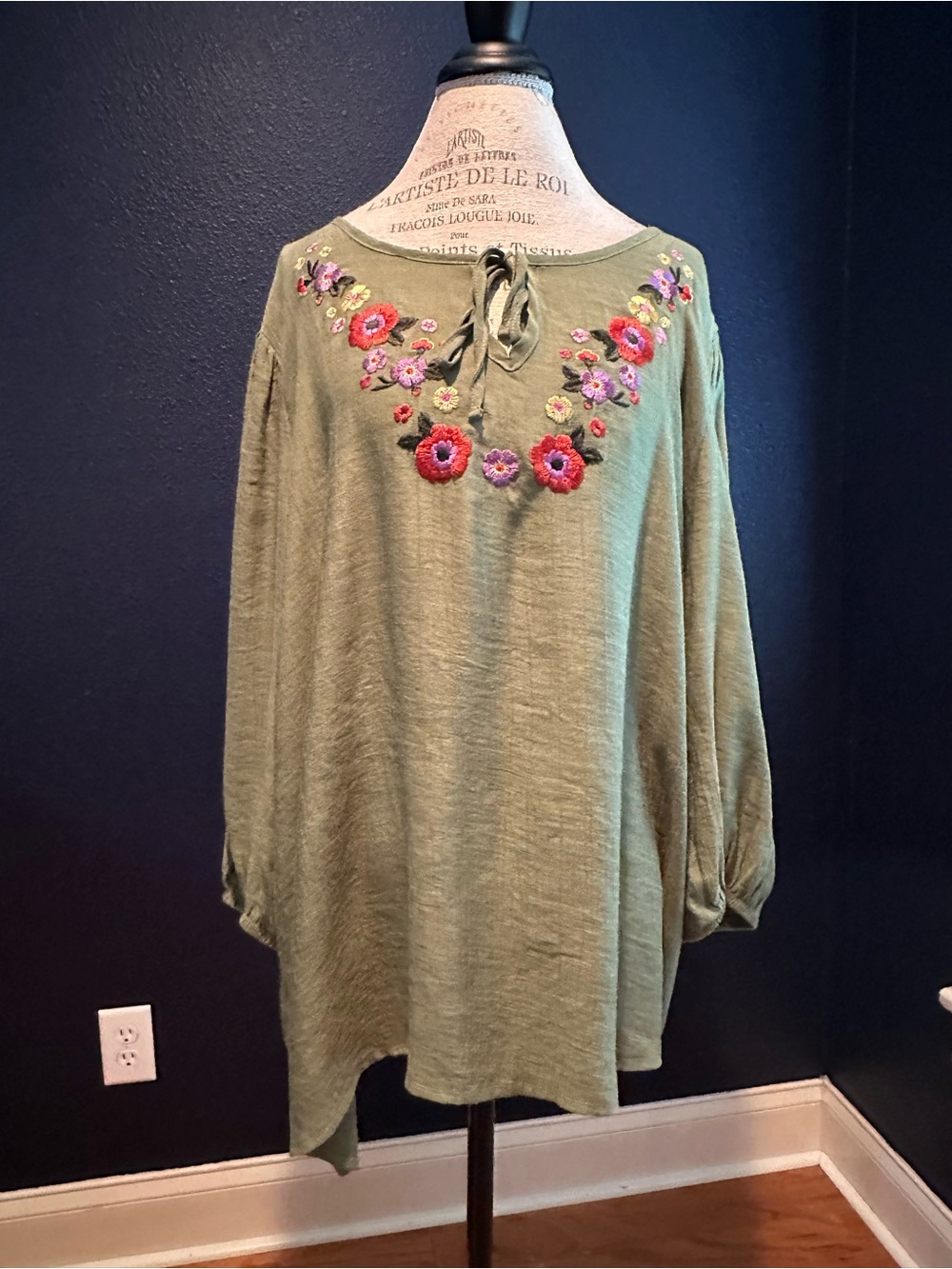 Olive Green Embroidered Floral Tunic Top
